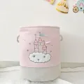 Large Pink Laundry Basket Kids Toys Storage Basket with Handles Fabric Foldable Cute Cartoon Castle Nursery Hamper Gift Basket.