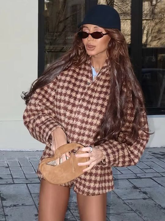 Cozy Grid Pattern Women Shorts Sets Lapel Long Sleeve Loose Single Breasted Ruffle Tops High Waist Pants New Fashion Outerwear