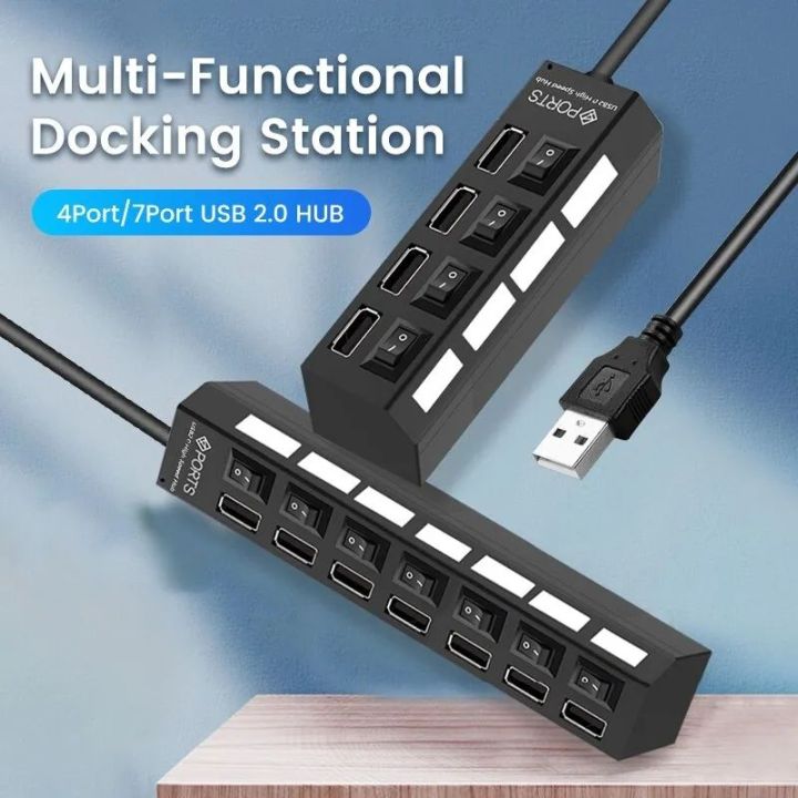 USB Hub 7 Port Multi Usb Splitter Power Adapter with on and off Switch