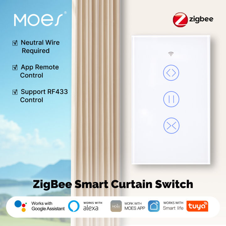 MOES Tuya ZigBee Smart Glass Touch Curtain Switch RF App Wireless Control Fireproof Neutral Wire Required With Alexa  Home