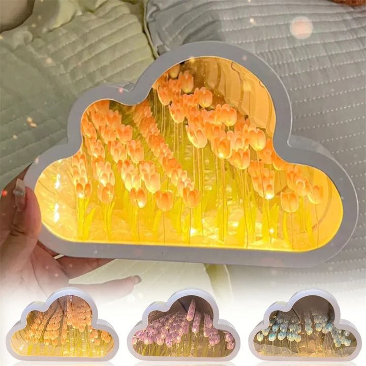 DIY Cloud Mirror Tulip Lamp Night Light Girl Bedroom Ornaments Photo Frame Handmade Glass Bedside Sleep Light Christmas Gifts