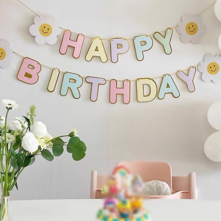 Daisy Happy Birthday Party Decoration Banner with White Daisy Flower Birthday Garland Flag Decoration kids adult Scene Bunting