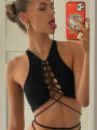 Bandage Black  Backless Tank Tops for Women Lace Up Sleeveless Summer Top Cropped Club Party Fashion Outfits crop top. 