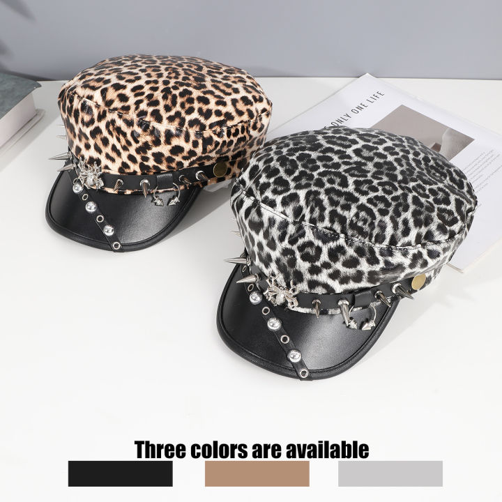 Sweet cool Spice Girl style riveted spider hoop PU leather newsboy hat Y2K fashion trend shopping face small beret