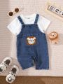 Two-Piece Set for Baby Boys: Casual and Versatile Style for Spring and Summer, Featuring a Round-Neck Short-Sleeve Top and Stylish Pocket Lion Patch Overalls.