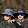 Windproof Men Outdoor Hat Wide Brim Flat Top Men Camping Hat Letter Print Anti-UV Strap Hollow Out Men Fisherman Hat Headwear. 