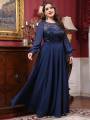 Mgiacy plus size  Round neck see-through sequin embroidery patchwork lantern long sleeve chiffon full skirt Evening gown. 