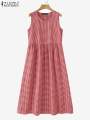 ZANZEA Summer Plaid Checked Sundress Sleeveless Bohemain Holiday Dresses Women Elegant O Neck Dress Casual Baggy Work Vestidos. 