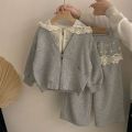 2025 Korean Girls' Spring Set - Lace Hooded Cardigan + Apron Dress | Chic 2-Piece Casual Outfit Baby Girl Clothes. 