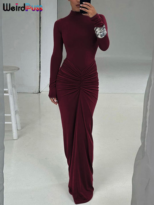 Weird%20Puss%20Hipster%20Ruched%20Dress%20Women%20O-Neck%20Full%20Sleeve%20Skinny%20Stretch%20Robe%20Autumn%20Trend%20Simple%20Classic%20Pleats%20Long%20Bodycon%20-%20Image%202