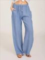 Women's Cotton Linen Pants Casual Loose Solid Elastic Waist Pocket Straight Trousers Ladies Oversize Wide Leg Pant Streetwear. 