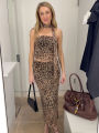 Women Leopard Print 2 Piece Outfit Strapless Ruched Crop Top Maxi Skirt Set With Choker Scarf Party Clubwear For Summer. 