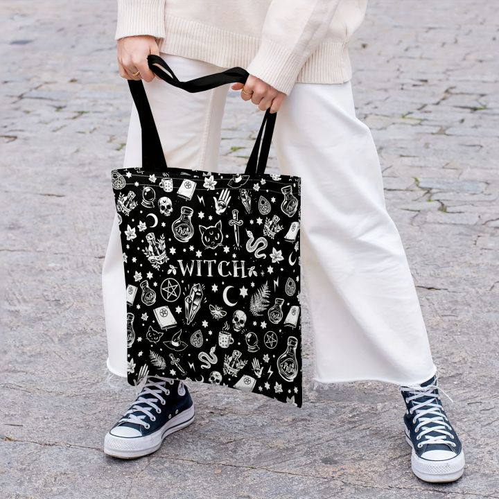 Mystical Witch Tote Bag with Skull, Potion & Star Design , with Fixed Shoulder Straps for Halloween Parties