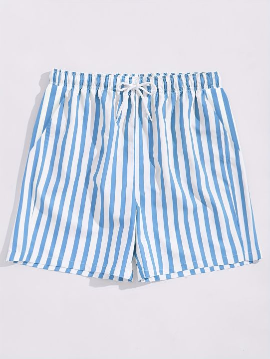 Men's Light Blue & White Striped Swim Shorts with Elastic Drawstring Waist Breathable Quick-Dry Summer Outdoor Activities