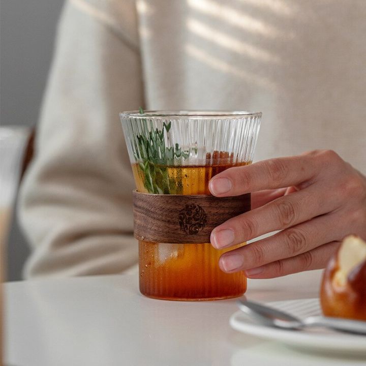 350ML Japanese Style Glass Coffee Mug Walnut Cup Sleeve Glass Cup ...