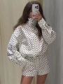 Fashion Polka Dot Shorts Sets For Women 2026 Spring Drawstring Bomber Jacket High Waist Shorts 2 Pieces Set Woman Outfits.