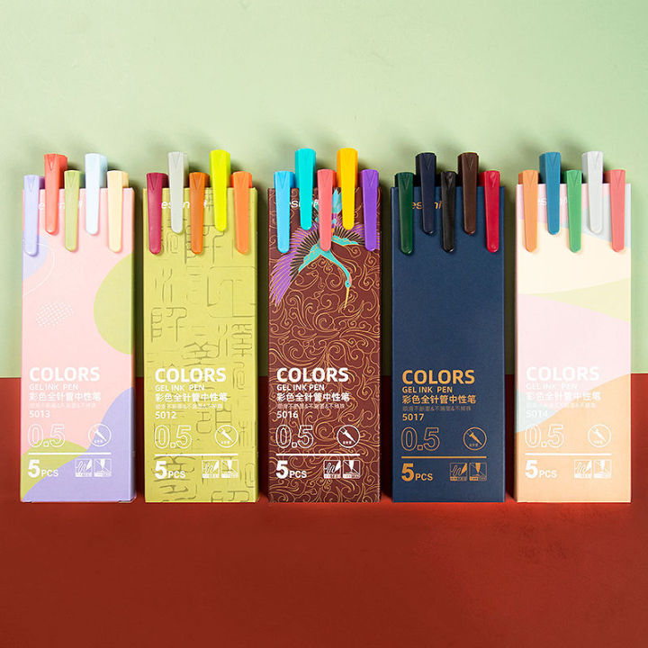 5PCS Retro Colored Gel Pen Set 0.5 mm Kawaii Fine Point Ballpoint Pens School Office Supplies Stationery