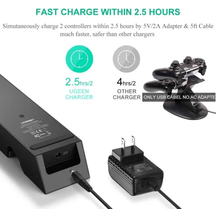 UGREEN%20Charger%20For%20PS4%20Controller%20PS4%20Charging%20Station,%202.5%20Hours%20Full%20Charge%20For%202%20Controllers,%20DualShock%204%20Charger%20Dock%20For%20PlayStation%20PS4%20Slim,%20PS4%20Pro%20Controller%20(5FT%20Cable%20With%20AC%20Adapter)%20-%20Image%202
