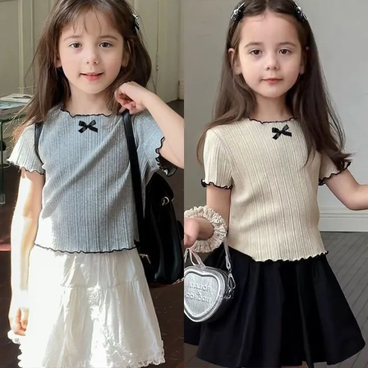 Toddler%20Girls%20Ruffle%20Trim%20Bow%20Knit%20T-Shirt%204-8%20Years%20Kids%20Short%20Sleeve%20Ribbed%20Tops%20Casual%20Cute%20Summer%20Tee%20for%20Little%20Girls%20-%20Image%202
