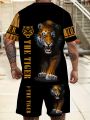 Summer men's casual round neck breathable T-shirt shorts set cool tiger pattern summer outdoor plus size two-piece set. 