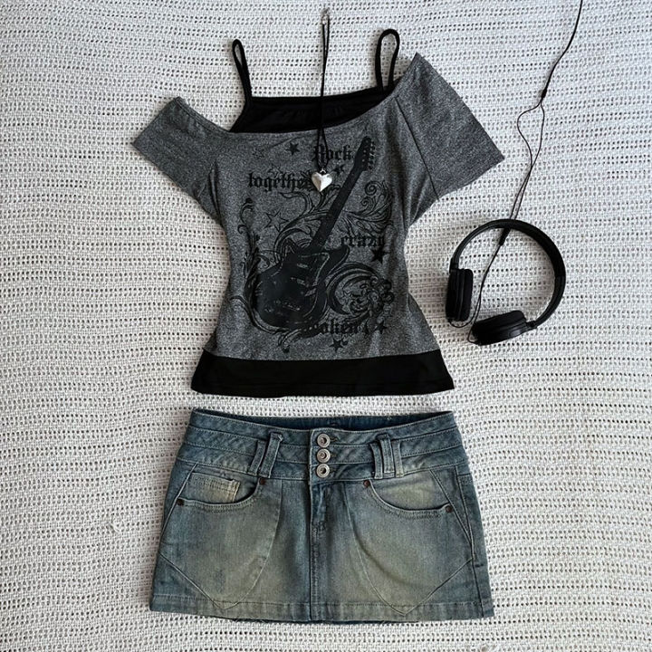 Y2k%20Slim%20Fit%20Print%20Tops%20Women%20Off%20Shoulder%20Short%20Sleeve%20Tee%20Shirt%20Neploe%20American%20Vintage%20Fake%20Two%20Piece%20Halter%20Lace%20Up%20T-shirts%20-%20Image%204