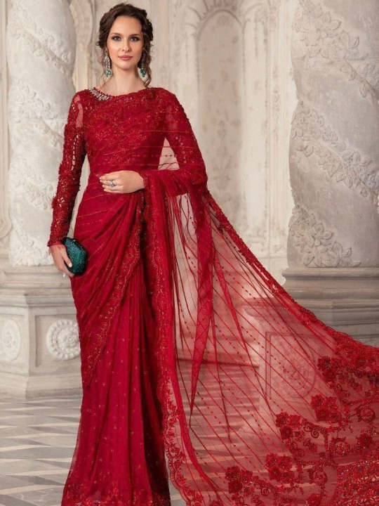 Gorgeous 3D Net Handwork Embroidery Saree For Woman For Girls