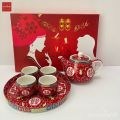 Chinese tea set Tea Tea Cup auspicious wedding tea ceremony Tea Set 4 tea water glass with teapot and Gold red tile tray. 