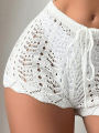 Hollow Drawstring Open Waist Knitted Bikini Blocked Women's Shorts. 