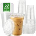 50 Sets of 12/16oz Transparent Plastic Cup with Cover Drink Cup Disposable Plastic Cup for Coffee Juice Picnic Party.