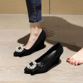 Slope Heel Fashion Shoes Women Spring New Water Diamond Pointed Shallow Mouth Soft High Heels Women Black Retro Footwear 43.