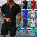 Men's Athletic T-Shirt Set Casual Mesh Lapel Short Sleeve Pullover Tops+Shorts 2-Piece Solid Thin Sporty Suits Black 2pcs Sets.