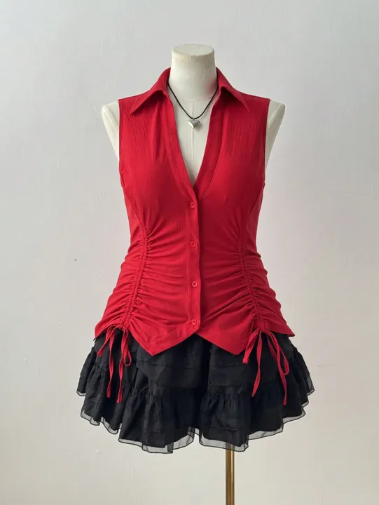 Plus%20Size%202025%20Summer%20New%20Women's%20Big%20Size%20Music%20Festival%20Tie%20Bow%20Slim%20Slim%20Sleeveless%20Shirt%20Polyester%20Material%20-%20Image%204