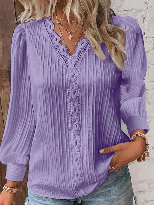Women%20Lace%20Stitching%20Shirt%20Solid%20V-neck%20Simple%20Black%20Chiffon%20Decoration%20Hollow%20Out%20Design%20Fashion%20Elegant%20Top%20Office%20Lady%20Blouse%20-%20Image%204