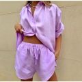 Women's 2 Piece Cotton Linen Outfit Loose Short Sleeve Button Down Shirt Drawstring Elastic Waist Shorts Set Summer Beach Wear.