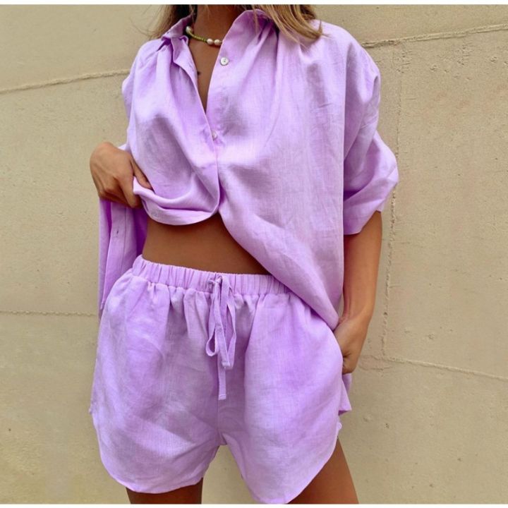 Women's%202%20Piece%20Cotton%20Linen%20Outfit%20Loose%20Short%20Sleeve%20Button%20Down%20Shirt%20Drawstring%20Elastic%20Waist%20Shorts%20Set%20Summer%20Beach%20Wear%20-%20Image%205