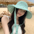 Double-sided Plaid Wide-edged Lace-up Bucket Hat Summer Outdoor Versatile Sunscreen Sweet Contrasting Color Plaid Women's Caps. 