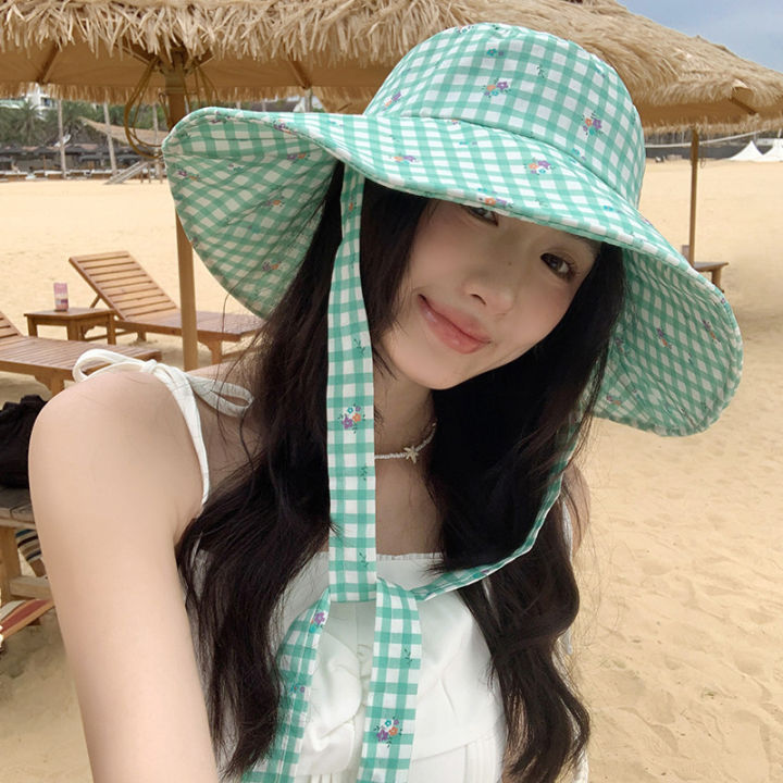 Double-sided%20Plaid%20Wide-edged%20Lace-up%20Bucket%20Hat%20Summer%20Outdoor%20Versatile%20Sunscreen%20Sweet%20Contrasting%20Color%20Plaid%20Women's%20Caps%20-%20Image%205