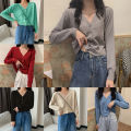 Women's Short Solid Color Cardigan For Spring And Autumn Outerwear Casual V-Neck Knitted Top. 