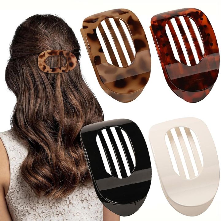 4 PCS Flat Hair Clips, Round Lay Down Hair Claw Clips for Women Girls, Comfortable Curved Flat Clips for Thick Thin Hair