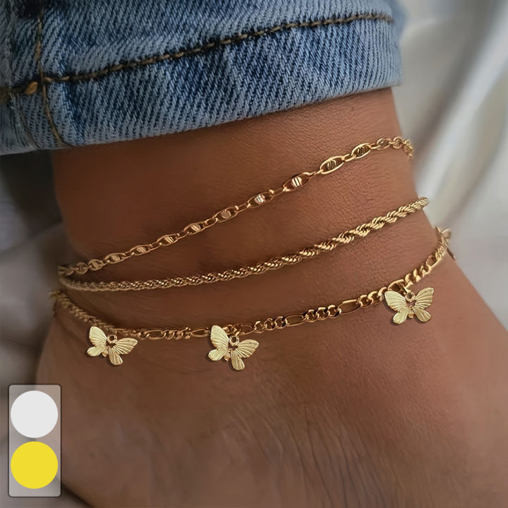 【Top-rated】 1-3pcs Simple Metal Chain Butterfly Pendant Anklet for Women Adjustable Layered Vintage Minimalist Beach Anklet Set Foot Jewelry