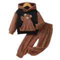 Autumn And Winter Boys And Boys Casual Cute Bear Pattern Hooded Long Sleeved&Long Pants Hairy Two-Piece Set. 