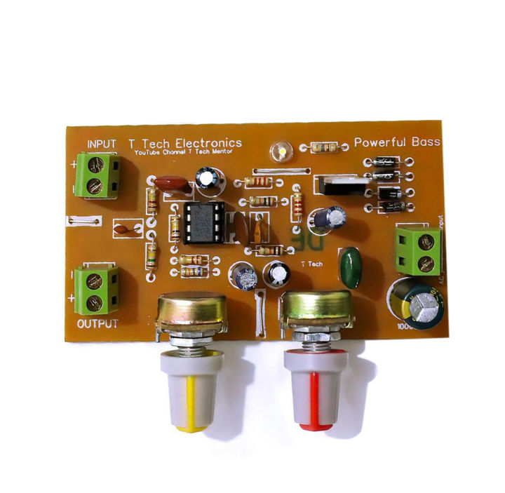 DC 12 Volt Low Pass Pre Amplifier Circuit with Bass Frequency Control, Volume Control, and LED Indicator