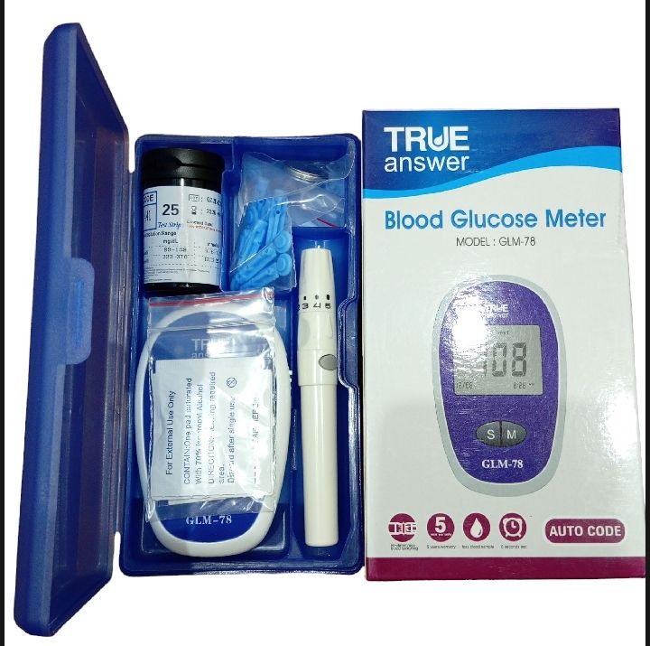 TRUE ANSWER GLUCOMETER WITH 25 STRIPS + 10 LANCETS + 10 ALCOHAL SWABS + 10 SANIPLAST + 5 FACEMASKS