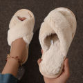 Cross Warm Fluffy Furry Slippers Women Lightweight Flat Heels Fur Slides Woman Autumn Winter Open Toe Non Slip Home Floor Shoes. 