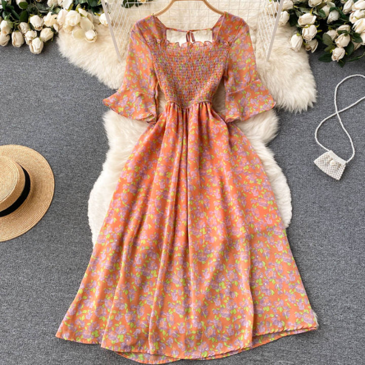 Fashion%20Summer%20Flower%20Print%20Long%20Dress%20Women%20Vintage%20Square%20Neck%20Ruched%20Chest%20Chiffon%20Sundress%20Party%20Vestidos%20-%20Image%202