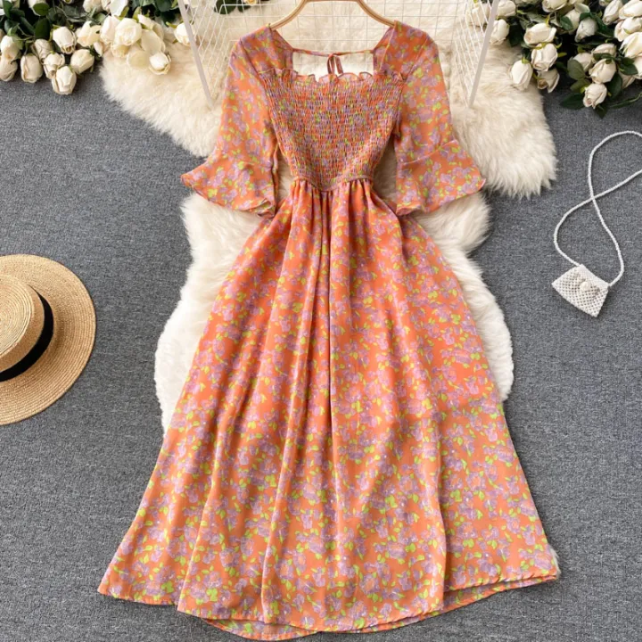 Fashion%20Summer%20Flower%20Print%20Long%20Dress%20Women%20Vintage%20Square%20Neck%20Ruched%20Chest%20Chiffon%20Sundress%20Party%20Vestidos%20-%20Image%202