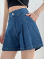 DFRCAEG 2024 Summer Plus Size Denim Shorts For Women High Elastic Waist Blue Or Sky Blue Pleated Mini Large Size Short Femme.