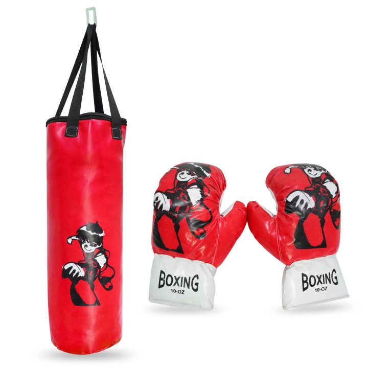 Boxing Punching Bag (1.5 Feet) with Gloves for Kids in MULTI-COLORS with different cartoons printing (filled with cotton) )