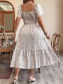 Plus Size Romantic Floral Print Square Neck Elastic Waist A-Line Hem Sleeve Long Dress for Women Holiday Casual Dress. 