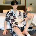 Large Size Men Pajamas Set Ice Silk Cartoon Bear Short-Sleeved Student Two-Piece Cardigan Lapel Smiley Letters 3xl Code Pajamas.